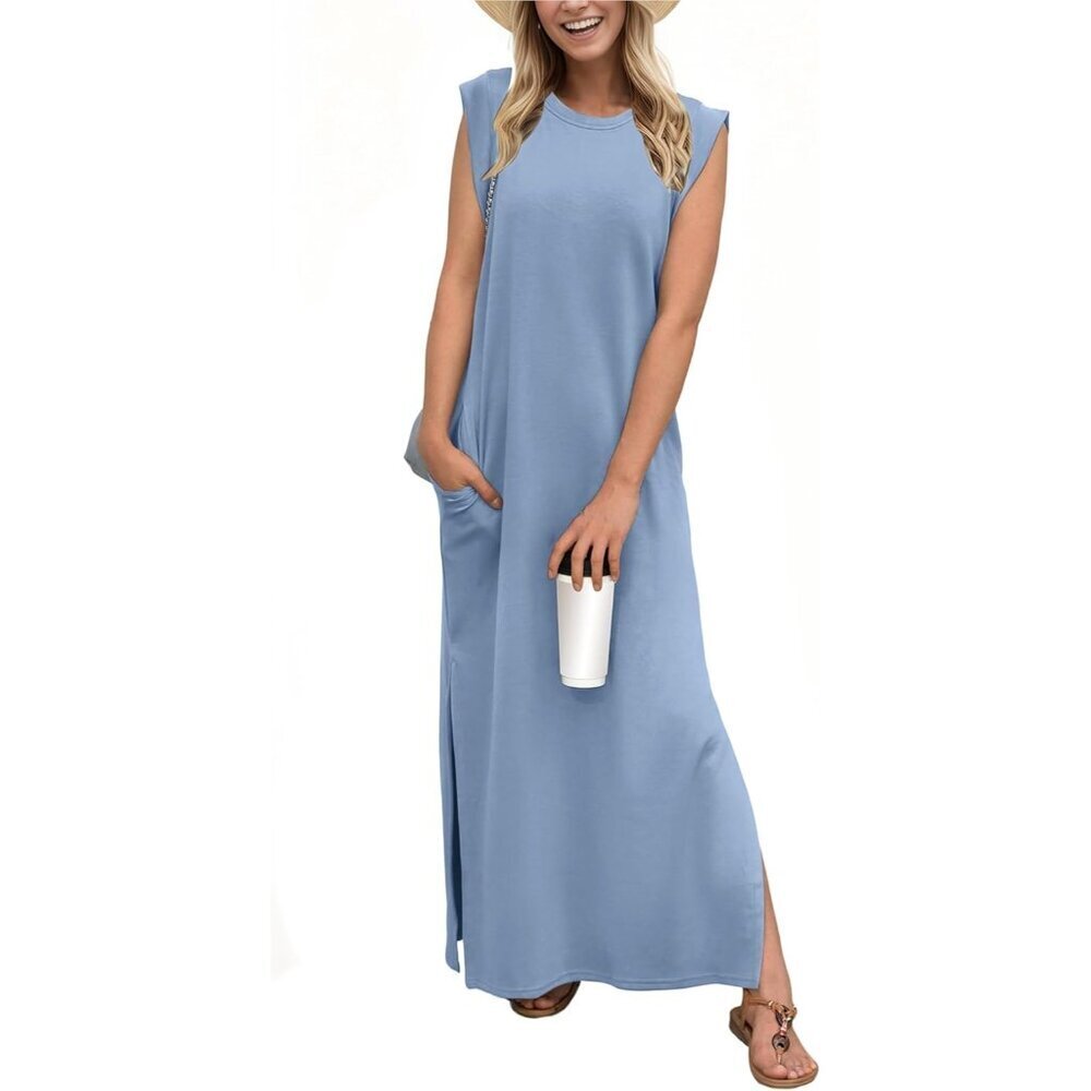 Grecerelle Women Denim Blue Round Neck Loose Split Wrinkle-Free Long Maxi Dress